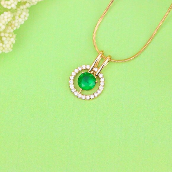 "Round Green Pendant with Halo Stones in Gold Finish for Elegant Look, XPPT1714 - Picture 3 of 13